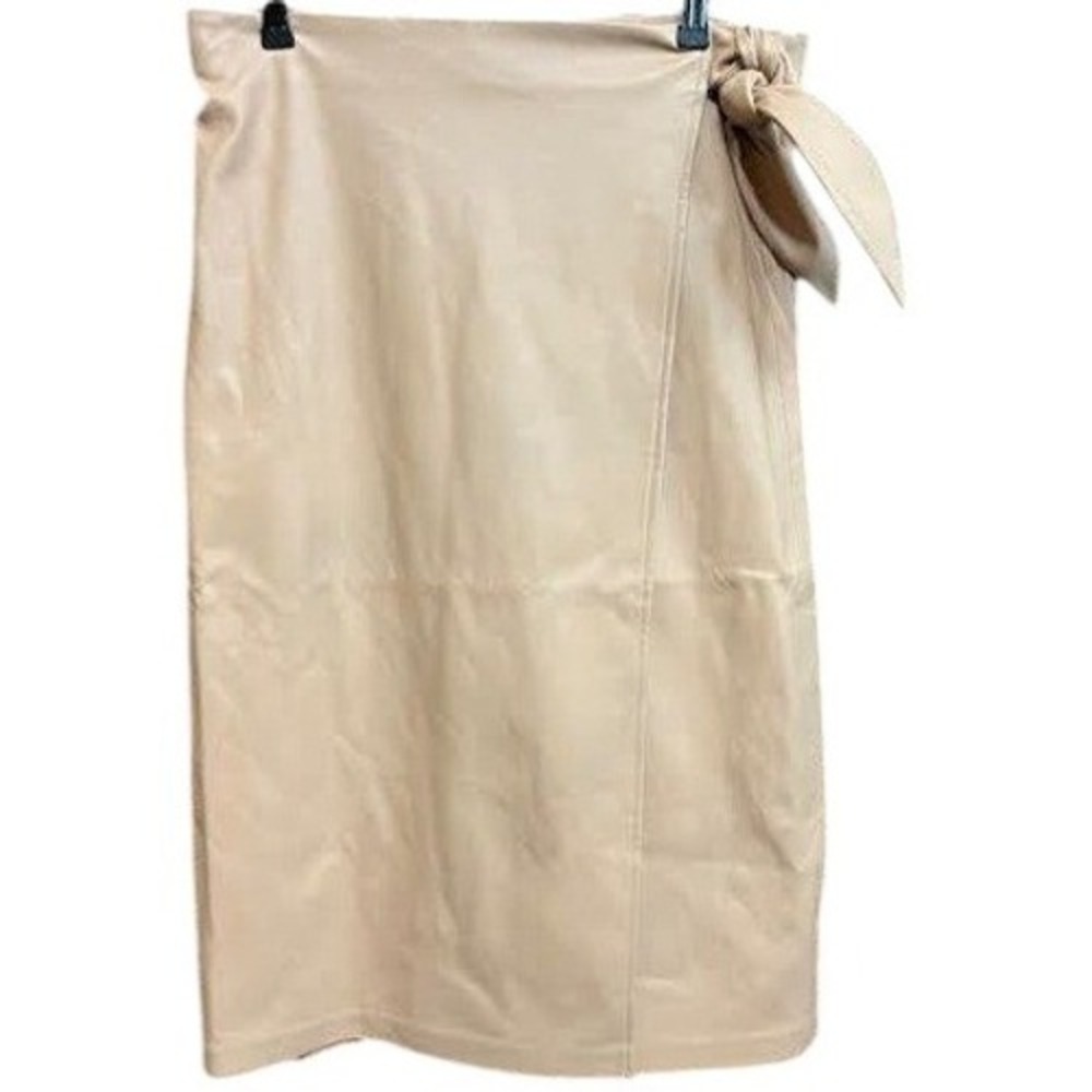 Womens Faux Leather Wrap Midi Skirt Tie Waist Beige Neutral‎ Casual Career